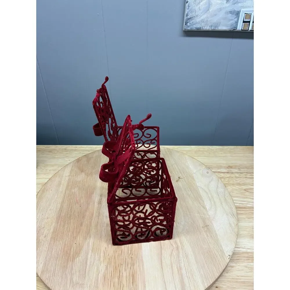 Pair of Red Velvet Gift Box Ornaments | Flocked Metal Filigree Boxes with Bows